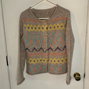 Sundance oatmeal chunky knit cardigan with design of blues, coral and yellow